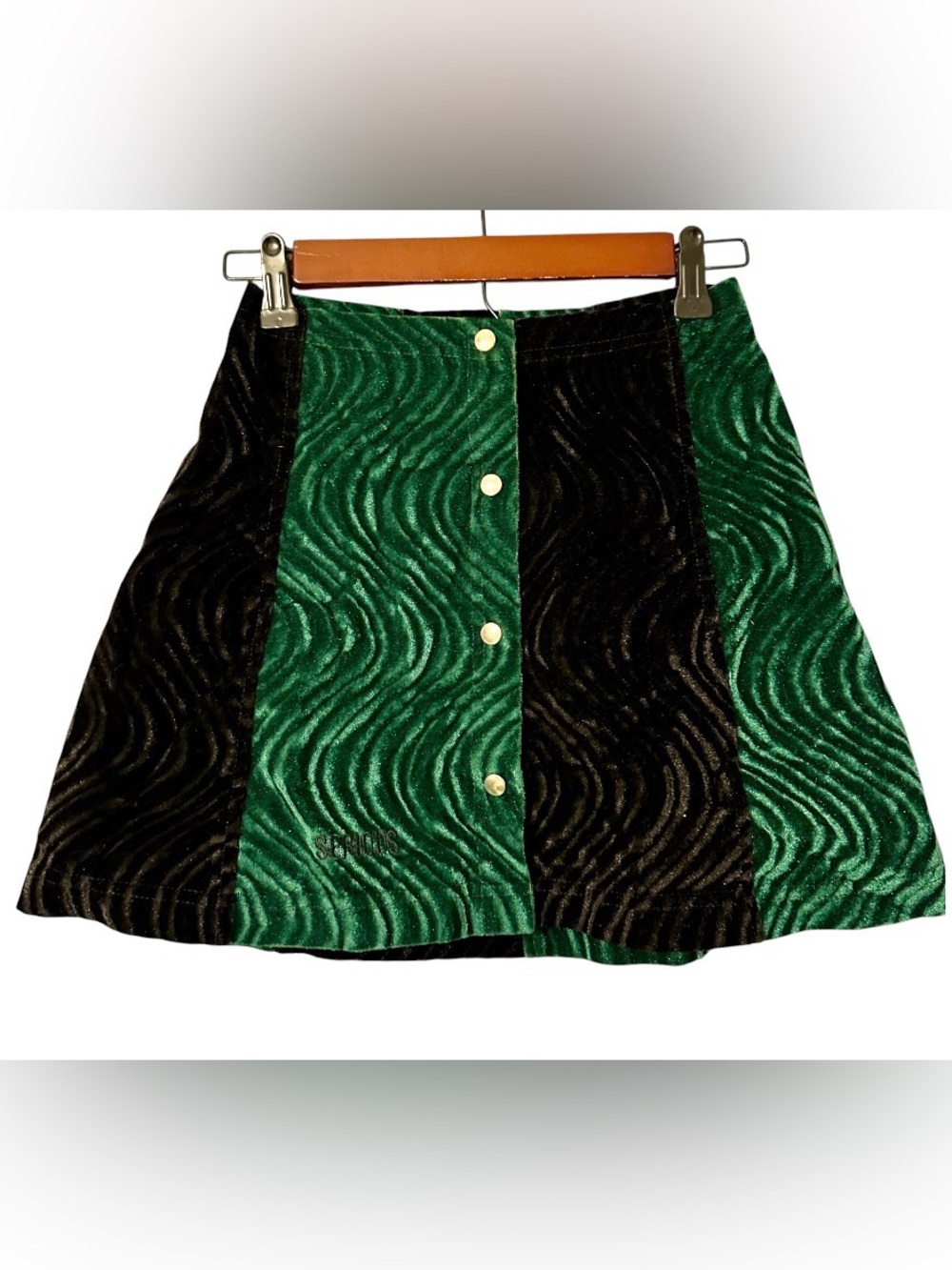 Small Green and Black Velvet A-Line Button-Front Skirt